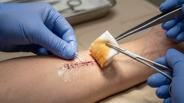 Applying adhesive wound dressing with gauze and forceps on clean surgical incision close-up