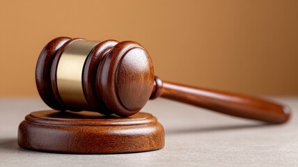 Wooden judge gavel and soundblock on neutral background