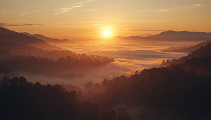 Obraz premium Sunrise and Sunset Over Misty Mountain Landscape with Clouds and Golden Sky