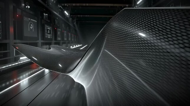A detailed 4K video carbon fiber wing high-tech wind tunnel airflow interacting surface wing dynamic pressure gauges close-ups flexing wing high wind forces dynamic lighting wing&rsquo;s material properties