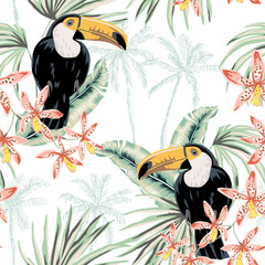 Fototapeta premium Tropical toucans, orchid flowers, palm leaves, trees silhouettes, white background. Seamless pattern. Vector illustration. Exotic plants, birds. Summer beach design. Paradise nature