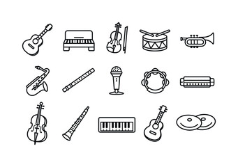 Fototapeta premium Music instruments collection: guitar, piano, violin, drum, trumpet, saxophone, flute, microphone, tambourine, harmonica, cello, clarinet, keyboard