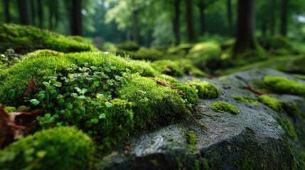 Obraz premium Green moss on stone, forest nature texture, soft plant surface, damp environment, eco background 