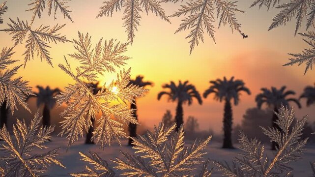 Frosted leaves frame vibrant sunset over palm trees in winter landscape, warm colors shining through