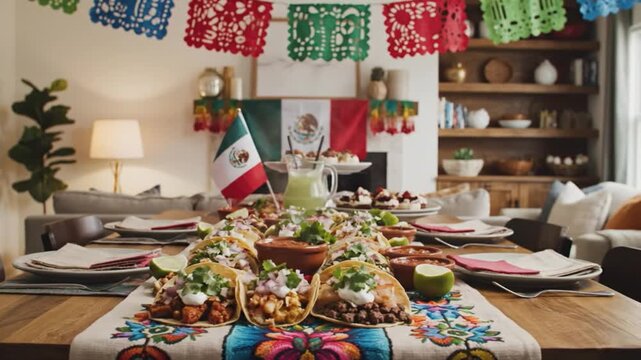 Colorful Mexican feast with tacos, drinks, and festive decorations in cozy dining room setting