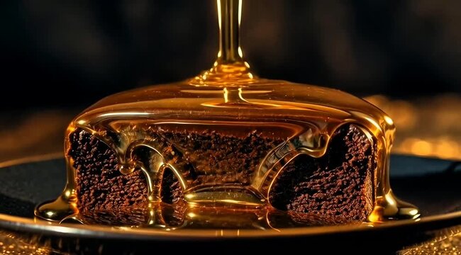Sliced chocolate fudge cake topped with pouring delicious liquid gold syrup.