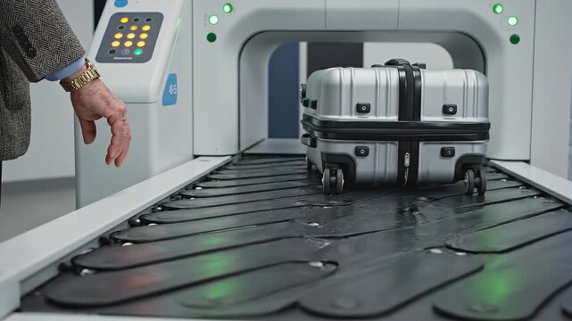 Hand of male traveler placing silver suitcase on conveyor belt at airport security checkpoint