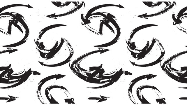 Abstract brush strokes in a repeating seamless pattern, graphic design with black and white curved arrow shapes creating a dynamic visual flow