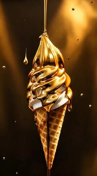 Soft serve vanilla ice cream cone decorated with dripping liquid gold and gold flakes.
