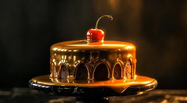 Sliced chocolate fudge cake topped with pouring delicious liquid gold