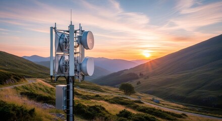 5G cellular communication tower on a mountain hill during sunset. Modern telecommunication antenna network infrastructure for fast wireless internet connection.