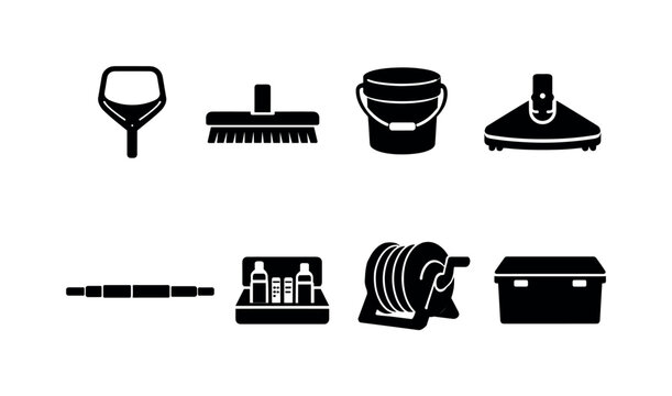 Home pool maintenance tools: pool skimmer, pool brush, chlorine bucket, pool vacuum, telescopic pole, test kit, hose reel, storage box