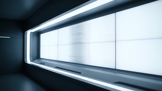 A futuristic, interior perspective showcases a bright, rectangular window or light source. The clean, angular design suggests a modern, sleek aesthetic