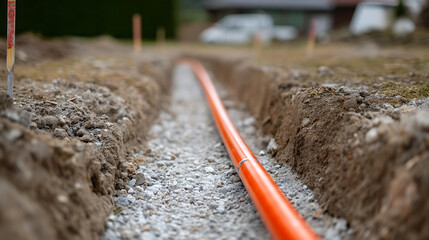 Naklejka premium Orange pipe laid in a narrow trench across rough ground, ready for utility connection or landscape irrigation infrastructure project