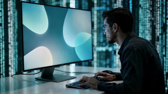 Medium shot of a database administrator executing rollback commands on a sleek interface the main display in focus and the background filled with blurred code lines.
