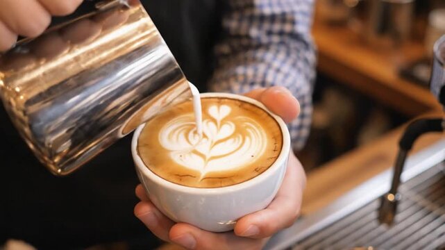 Barista pouring steamed milk into coffee cup, creating latte art in cafe setting