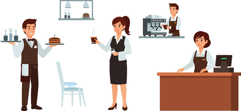 Waitstaff and kitchen staff in a restaurant setting with food and drink service