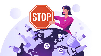 Naklejka premium Woman stopping pollution on earth globe.
