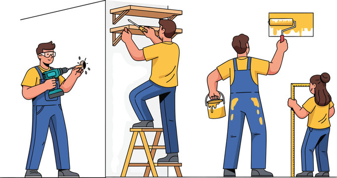 Construction workers installing a wooden structure and signs
