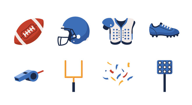 American football equipment and icons in flat design for sports enthusiasts