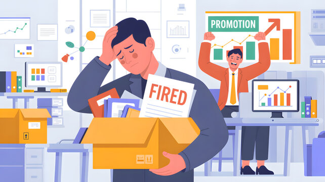 Man holding fired sign in office.