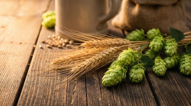 Rustic still life with fresh green hops, golden barley ears and wheat grains on wooden table