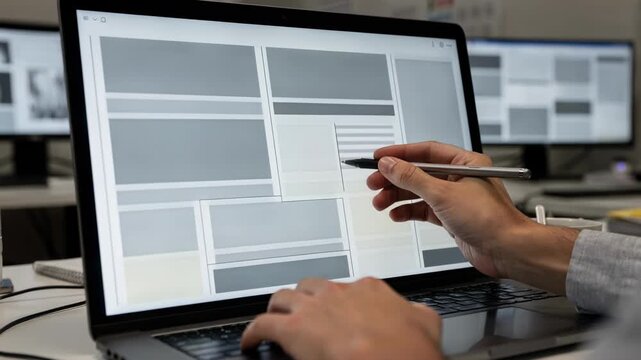 Medium shot of a digital screen showing a political frontpage layout with headlines and photos designers hand adjusting text columns in sharp focus.