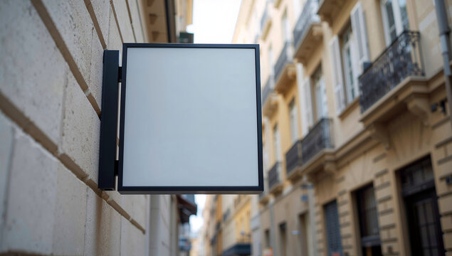 Blank square black framed sign mockup mounted on exterior wall of european building