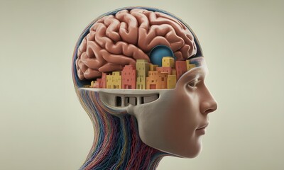 Intricate mindscape exploration, visualizing the complex inner workings of human thought, creativity, and the city within the brain as a metaphor for mental processes and cognitive architecture