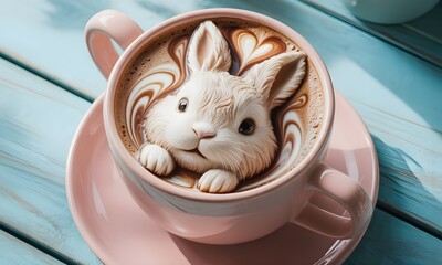 Adorable bunny latte art in a pink cup, a delightful and charming way to start your day with a touch of whimsy and caffeine