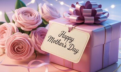 A beautiful pink gift box tied with a ribbon and a bouquet of pink roses, perfect for a Happy Mother's Day celebration and expressing love and appreciation for moms