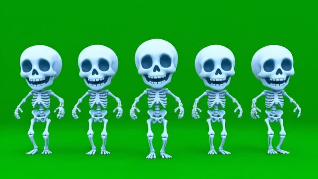 Skeletons dancing in a row against a green background, animated illustration, cartoon style, humorous scene, entertainment content