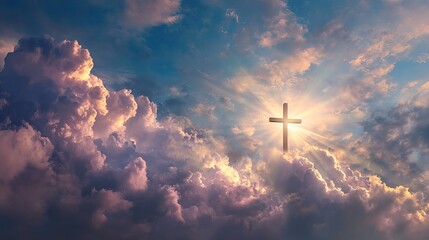 Obraz premium A large cross stands in the clouds with the sun shining through