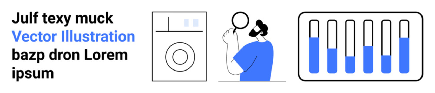 Scientist examining filled test tubes with magnifying glass, laundry machine nearby. Ideal for science, experiments, research, laundry care, technology, discovery, simple landing page