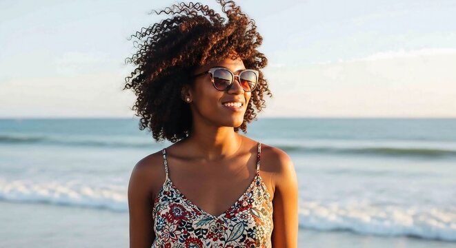 Black woman enjoying coastal breeze wearing sunglasses vacation portrait