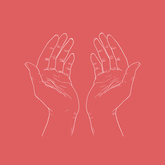 Fototapeta premium Modern vector illustration of two raised open hands in clean white line art on a coral background. The balanced symmetrical composition conveys emotion, offering, gratitude, and openness. Ideal for so
