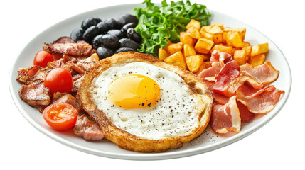 hearty breakfast platter with fried egg in bread, crispy bacon, hash browns, black olives, and lettuce on transparent background