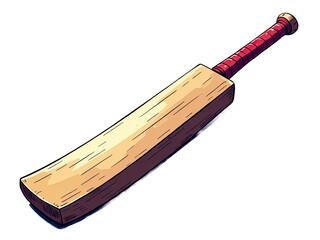 A wooden cricket bat with a distinctive red handle, ideal for illustrations or graphics about sports equipment or summer activities
