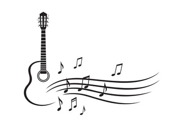 abstract emblem of guitar and music notes isolated on white background