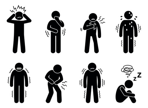 Simple stick figure illness symptoms set featuring headache, nausea, chest pain, and other health issues for medical information graphics