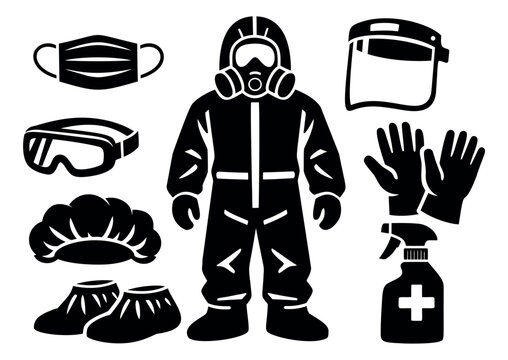 Graphic personal protective equipment set featuring a hazmat suit, face mask, goggles, and disinfectant for medical and hygiene safety