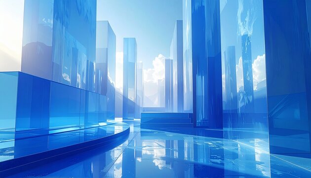 Modern futuristic city skyline with blue glass skyscrapers reflecting sunlight in foggy urban landscape