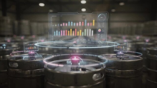 Medium shot showing a large event spaces keg monitoring interface with focused sensor data and less defined rows of kegs fading into the background.