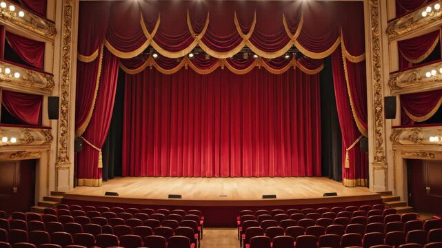 Grand Theater Stage with Red Curtains and Empty Seats - Awaiting the Performance.