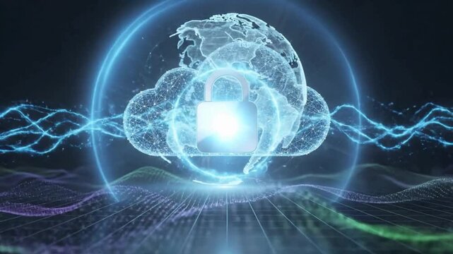 Futuristic cloud computing animation with glowing digital brain network, artificial intelligence data processing, secure online technology infrastructure background loop
