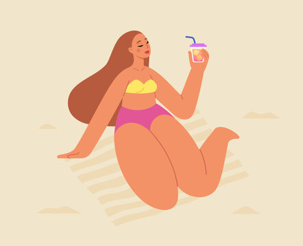 Happy resting women on the beach in swimsuit, healthy body. Flat vector illustration.