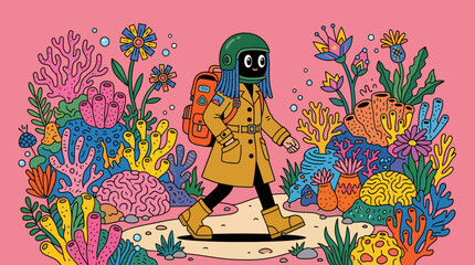 Whimsical illustration of an adventurer in a yellow parka standing on a pedestal amid a vibrant coral reef scene against a pink backdrop © Sultan Desain