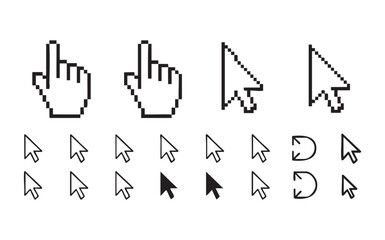 Obraz premium Collection of pixel and vector mouse cursors in various styles, hand and arrow pointers