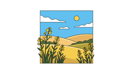 Sunny countryside landscape featuring golden fields, rolling hills, and tall grasses under a bright blue sky