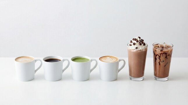 A close-up image of various coffee cups and beverages on a white surface against a plain white background